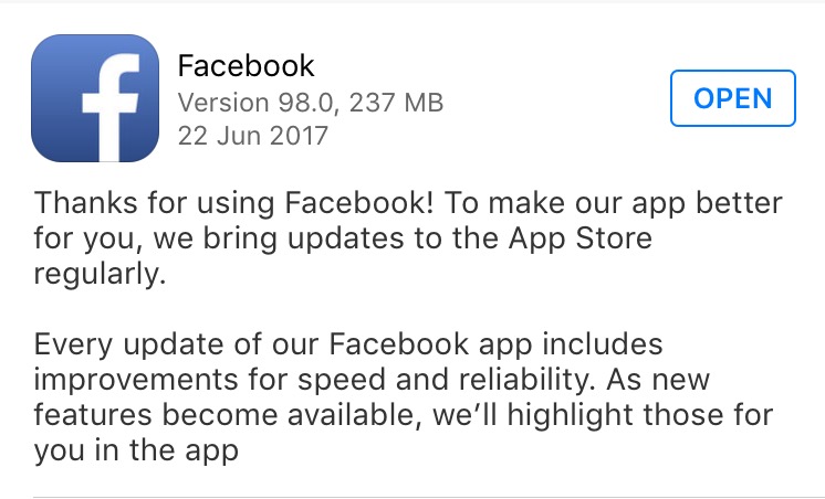 Facebook app release notes